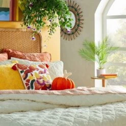 Opalhouse 9 18"x18" Square Cotton Embroidered Harvest Accent Pillow White/Red/Mustard - Opalhouseâ„¢ Designed With Jungalowâ„¢